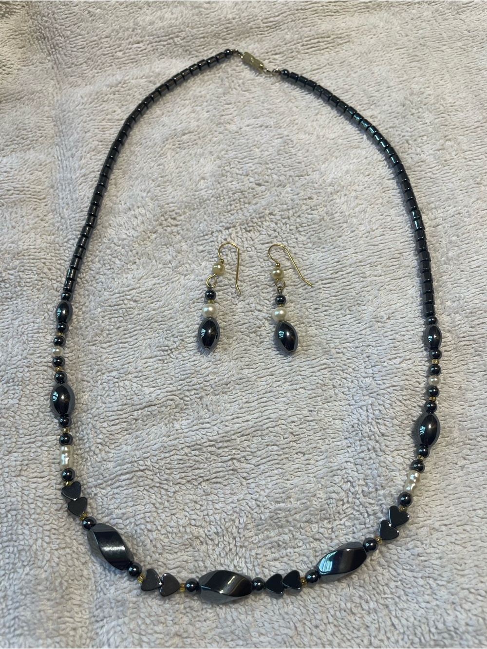 Hematite Bead Necklace and Earrings Set - Black